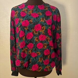 Vintage Russ Floral Sweatshirt Style Knit Hem Cuff Blouse - Pink and Green M-L